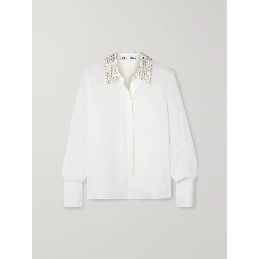 Alice + Olivia 'Willa' White Embellished Silk Crepe De Chine Shirt Size XS